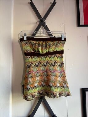 1990s Vintage Multicolor Zigzag Strapless Knit Tube Top